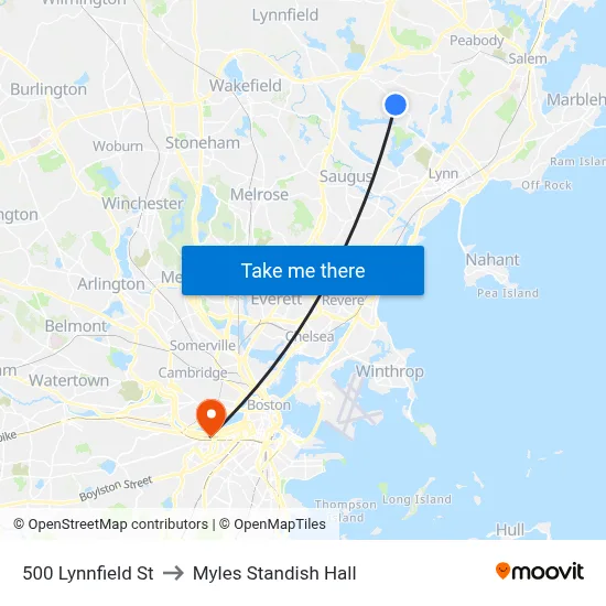 500 Lynnfield St to Myles Standish Hall map
