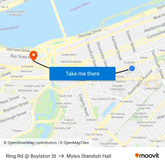Ring Rd @ Boylston St to Myles Standish Hall map