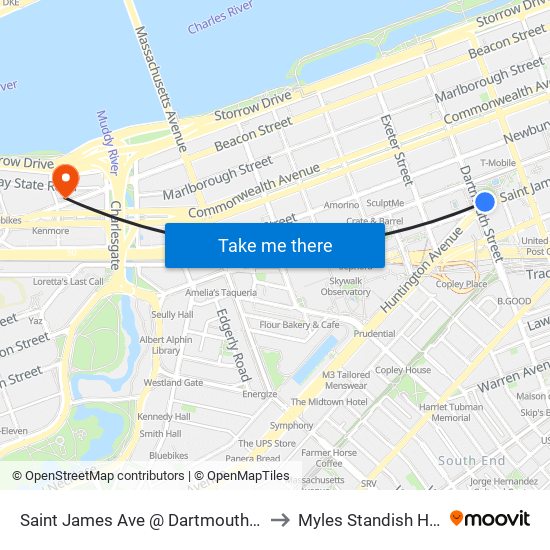 Saint James Ave @ Dartmouth St to Myles Standish Hall map