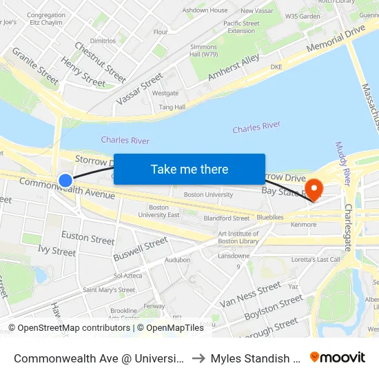Commonwealth Ave @ University Rd to Myles Standish Hall map