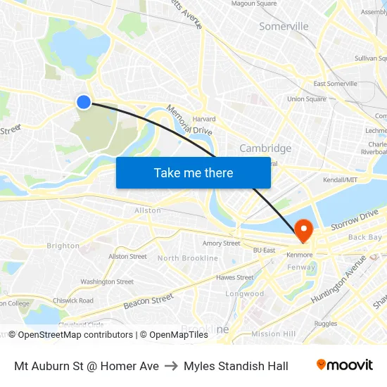 Mt Auburn St @ Homer Ave to Myles Standish Hall map