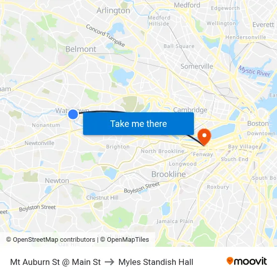 Mt Auburn St @ Main St to Myles Standish Hall map
