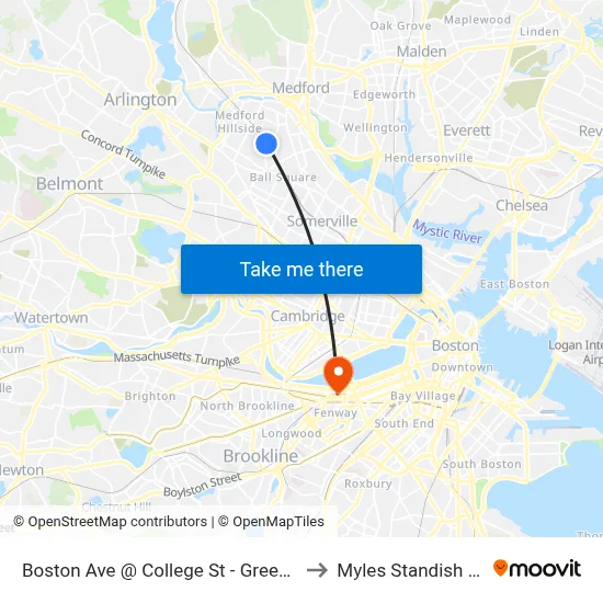 Boston Ave @ College St - Green Line to Myles Standish Hall map