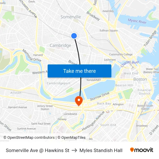 Somerville Ave @ Hawkins St to Myles Standish Hall map