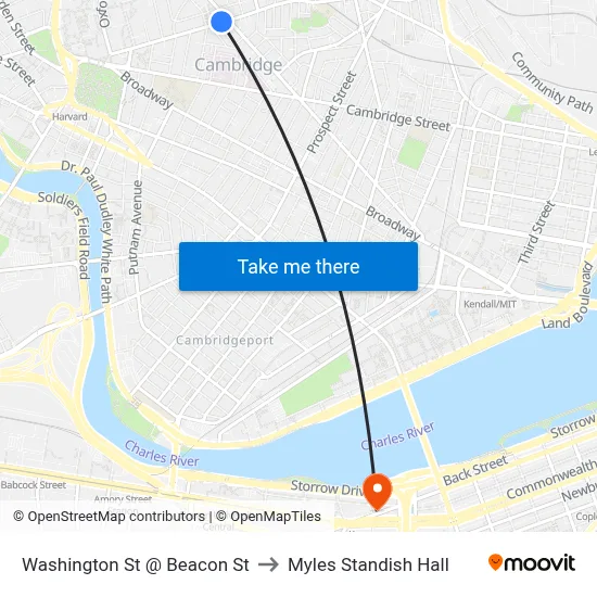 Washington St @ Beacon St to Myles Standish Hall map