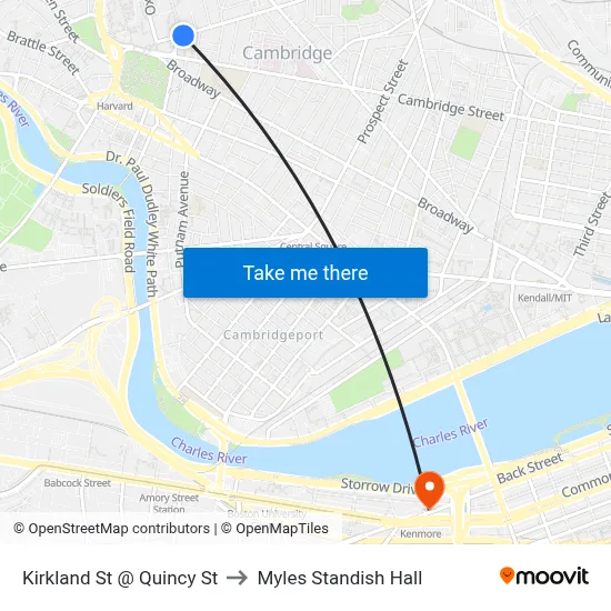 Kirkland St @ Quincy St to Myles Standish Hall map