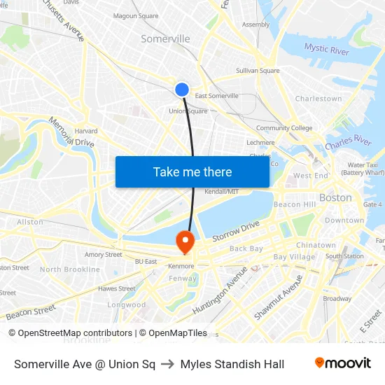 Somerville Ave @ Union Sq to Myles Standish Hall map