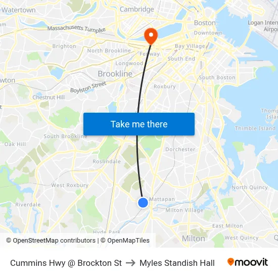Cummins Hwy @ Brockton St to Myles Standish Hall map