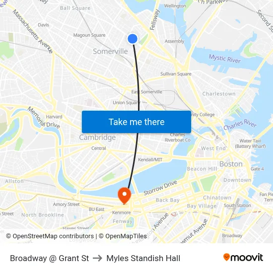 Broadway @ Grant St to Myles Standish Hall map