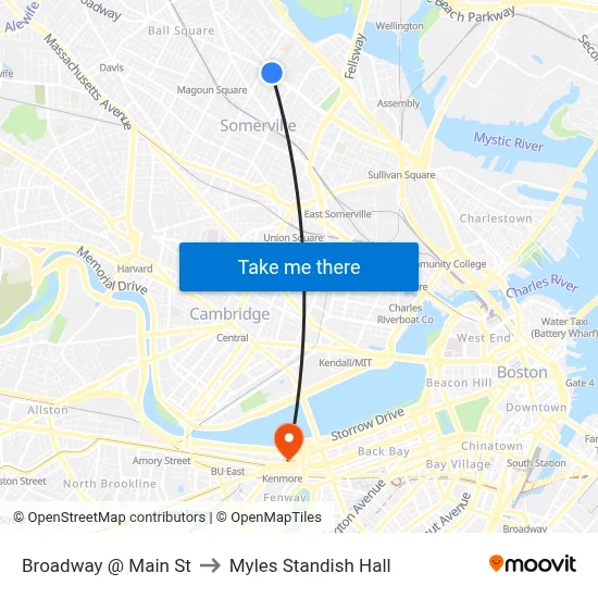 Broadway @ Main St to Myles Standish Hall map