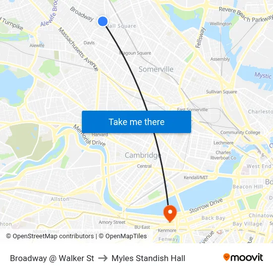 Broadway @ Walker St to Myles Standish Hall map