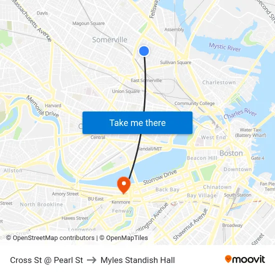 Cross St @ Pearl St to Myles Standish Hall map
