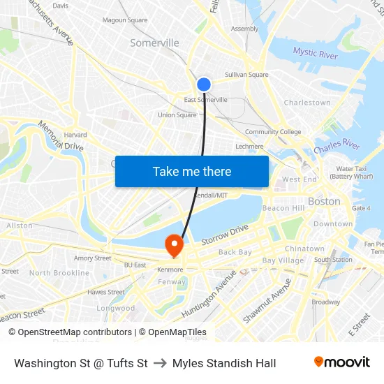 Washington St @ Tufts St to Myles Standish Hall map