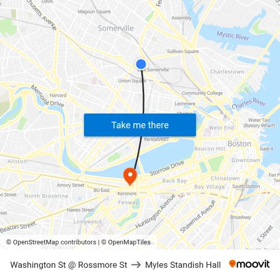 Washington St @ Rossmore St to Myles Standish Hall map