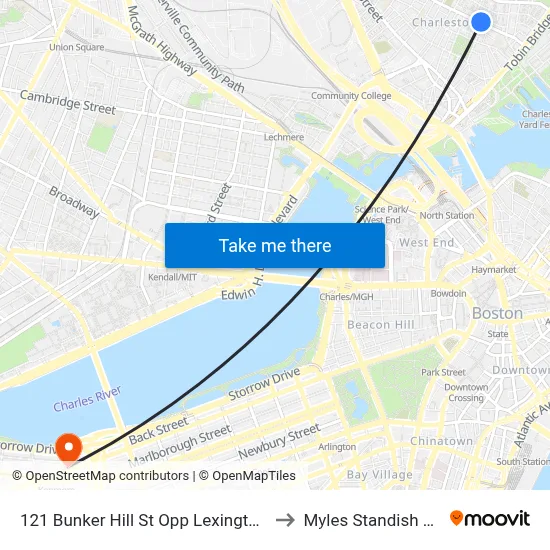 121 Bunker Hill St Opp Lexington St to Myles Standish Hall map