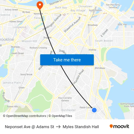 Neponset Ave @ Adams St to Myles Standish Hall map