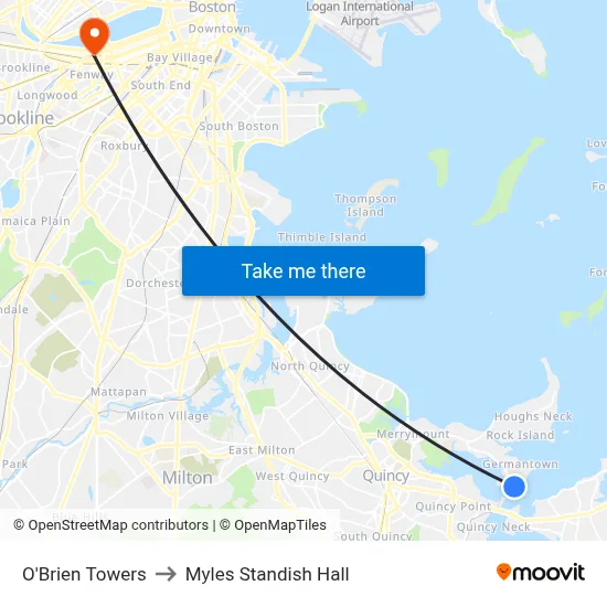 O'Brien Towers to Myles Standish Hall map