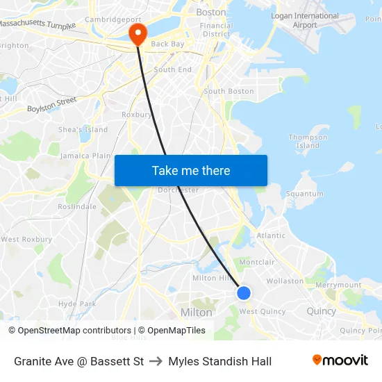 Granite Ave @ Bassett St to Myles Standish Hall map