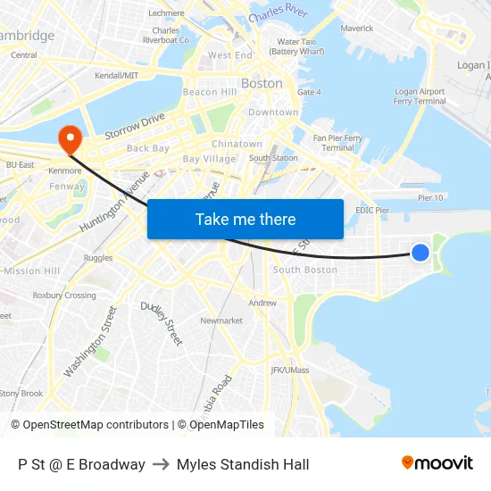 P St @ E Broadway to Myles Standish Hall map