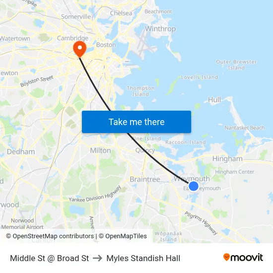 Middle St @ Broad St to Myles Standish Hall map