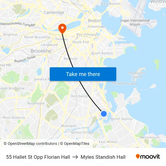 55 Hallet St Opp Florian Hall to Myles Standish Hall map