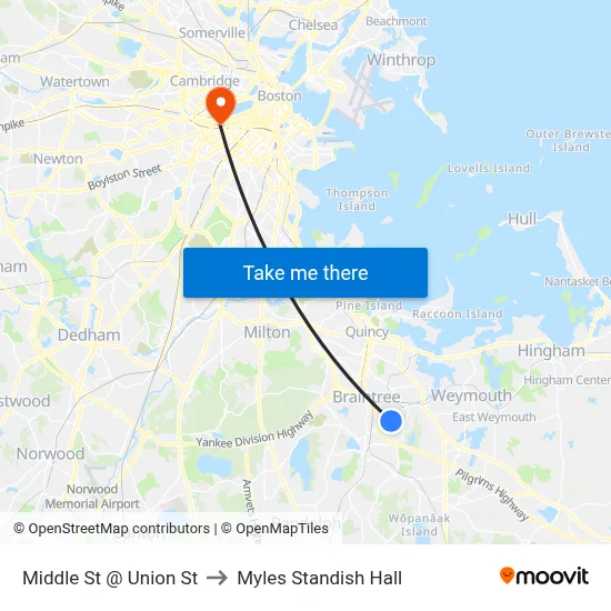 Middle St @ Union St to Myles Standish Hall map