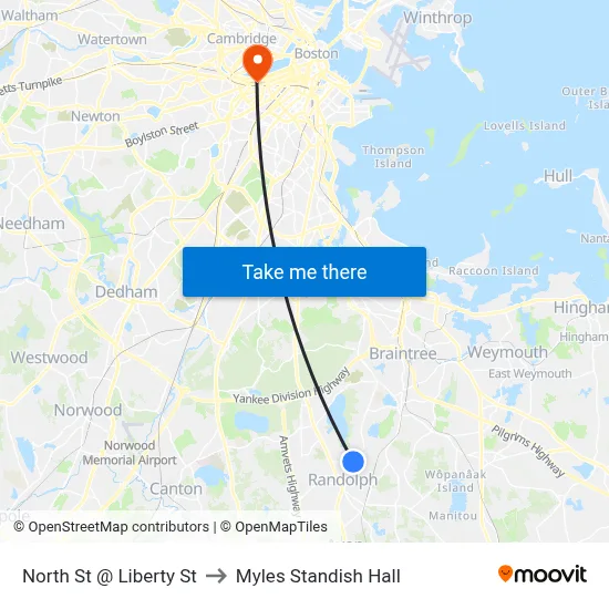 North St @ Liberty St to Myles Standish Hall map