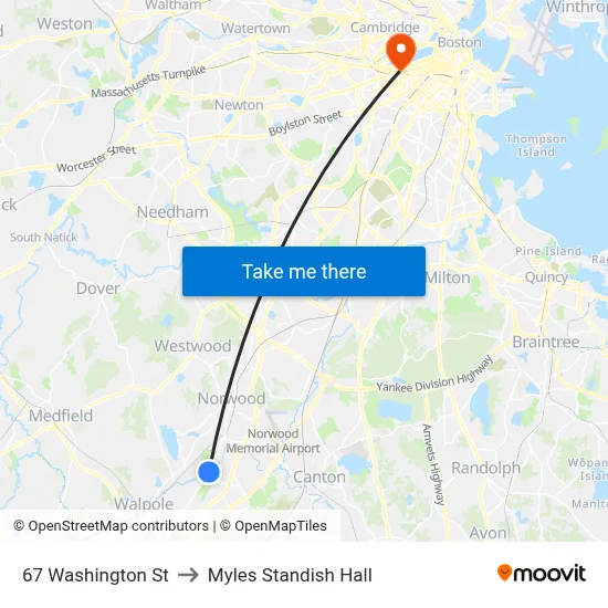 67 Washington St to Myles Standish Hall map
