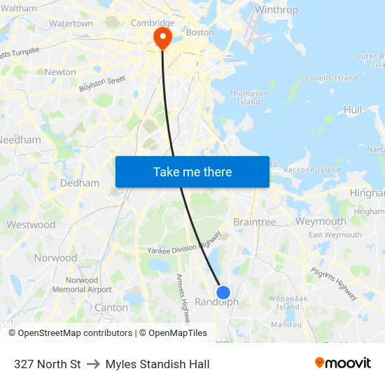 327 North St to Myles Standish Hall map