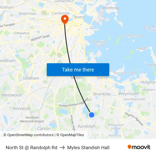 North St @ Randolph Rd to Myles Standish Hall map