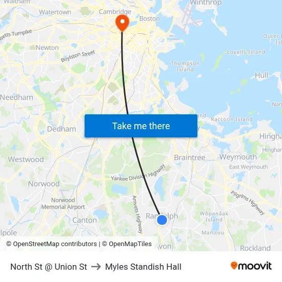 North St @ Union St to Myles Standish Hall map