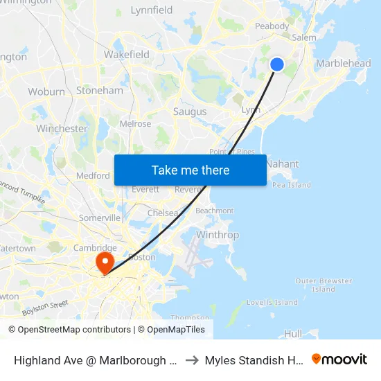 Highland Ave @ Marlborough Rd to Myles Standish Hall map