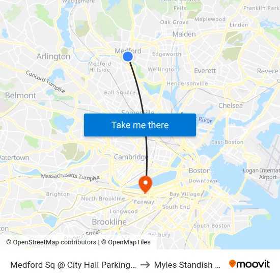 Medford Sq @ City Hall Parking Lot to Myles Standish Hall map