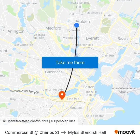 Commercial St @ Charles St to Myles Standish Hall map