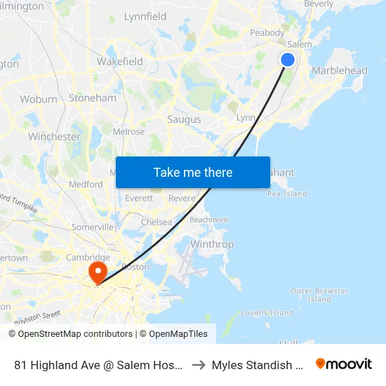 81 Highland Ave @ Salem Hospital to Myles Standish Hall map