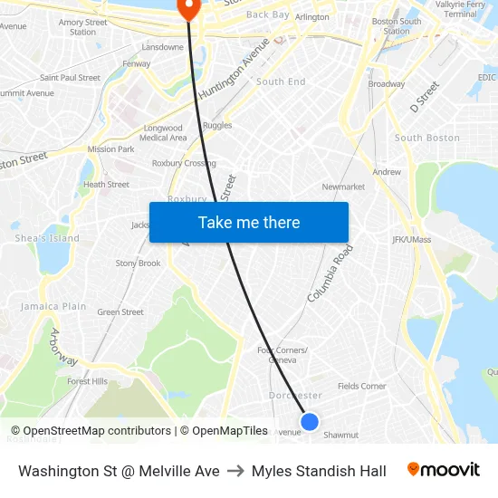 Washington St @ Melville Ave to Myles Standish Hall map