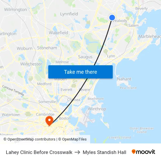 Lahey Clinic Before Crosswalk to Myles Standish Hall map