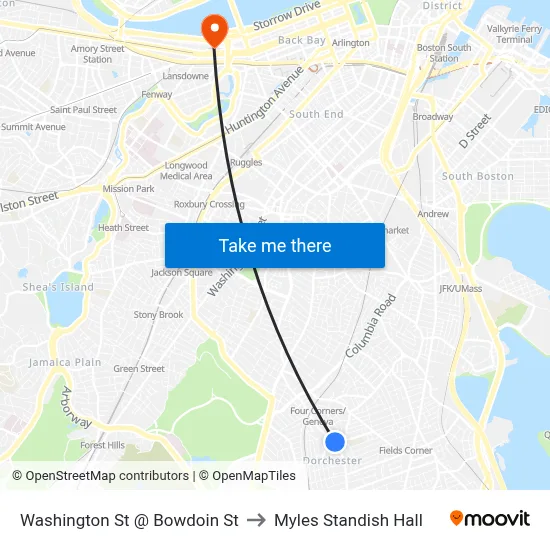 Washington St @ Bowdoin St to Myles Standish Hall map