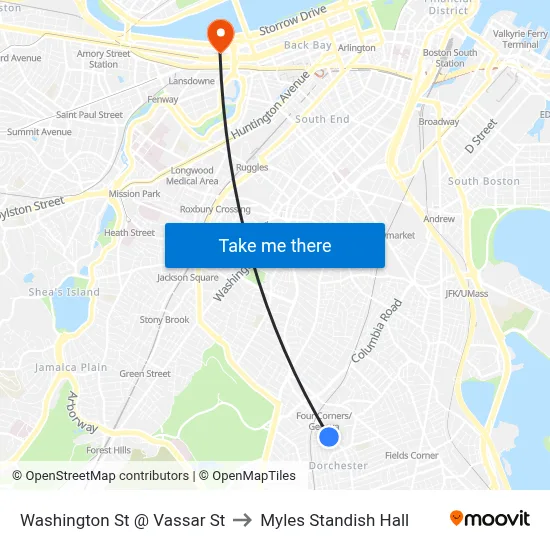 Washington St @ Vassar St to Myles Standish Hall map