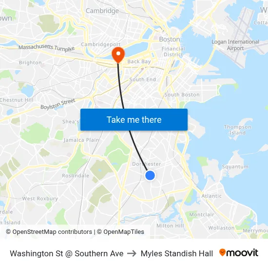 Washington St @ Southern Ave to Myles Standish Hall map