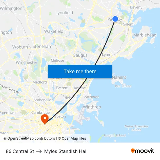 86 Central St to Myles Standish Hall map