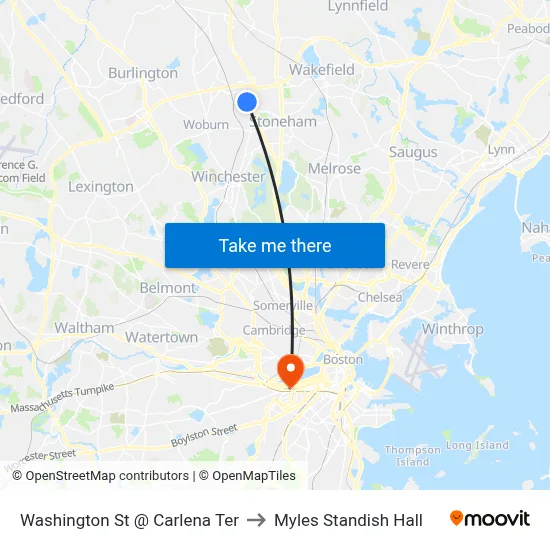 Washington St @ Carlena Ter to Myles Standish Hall map