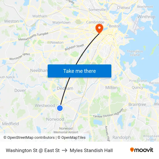 Washington St @ East St to Myles Standish Hall map