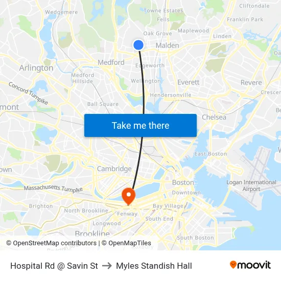 Hospital Rd @ Savin St to Myles Standish Hall map