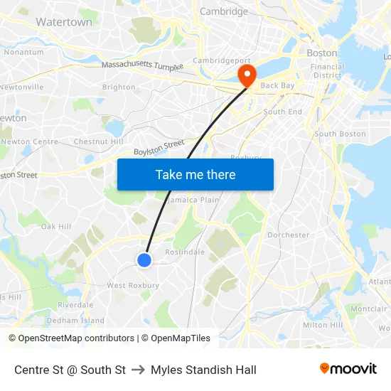Centre St @ South St to Myles Standish Hall map