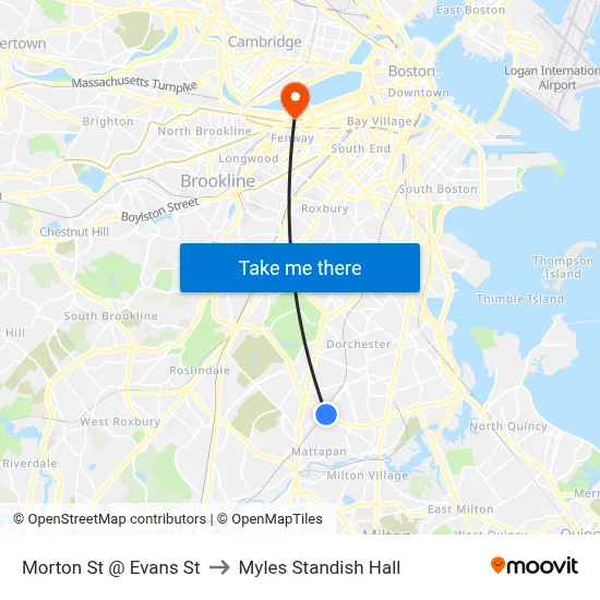 Morton St @ Evans St to Myles Standish Hall map