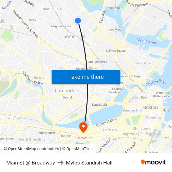 Main St @ Broadway to Myles Standish Hall map