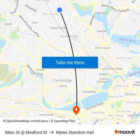 Main St @ Medford St to Myles Standish Hall map