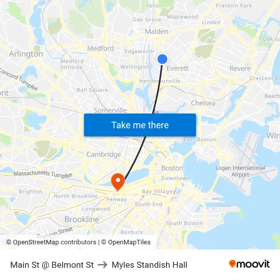 Main St @ Belmont St to Myles Standish Hall map
