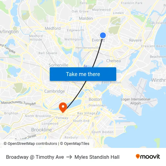 Broadway @ Timothy Ave to Myles Standish Hall map